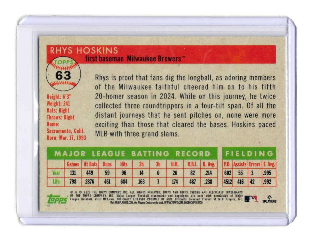 2025 Topps Chrome Platinum Anniversary Rhys Hoskins #63 Milwaukee Brewers