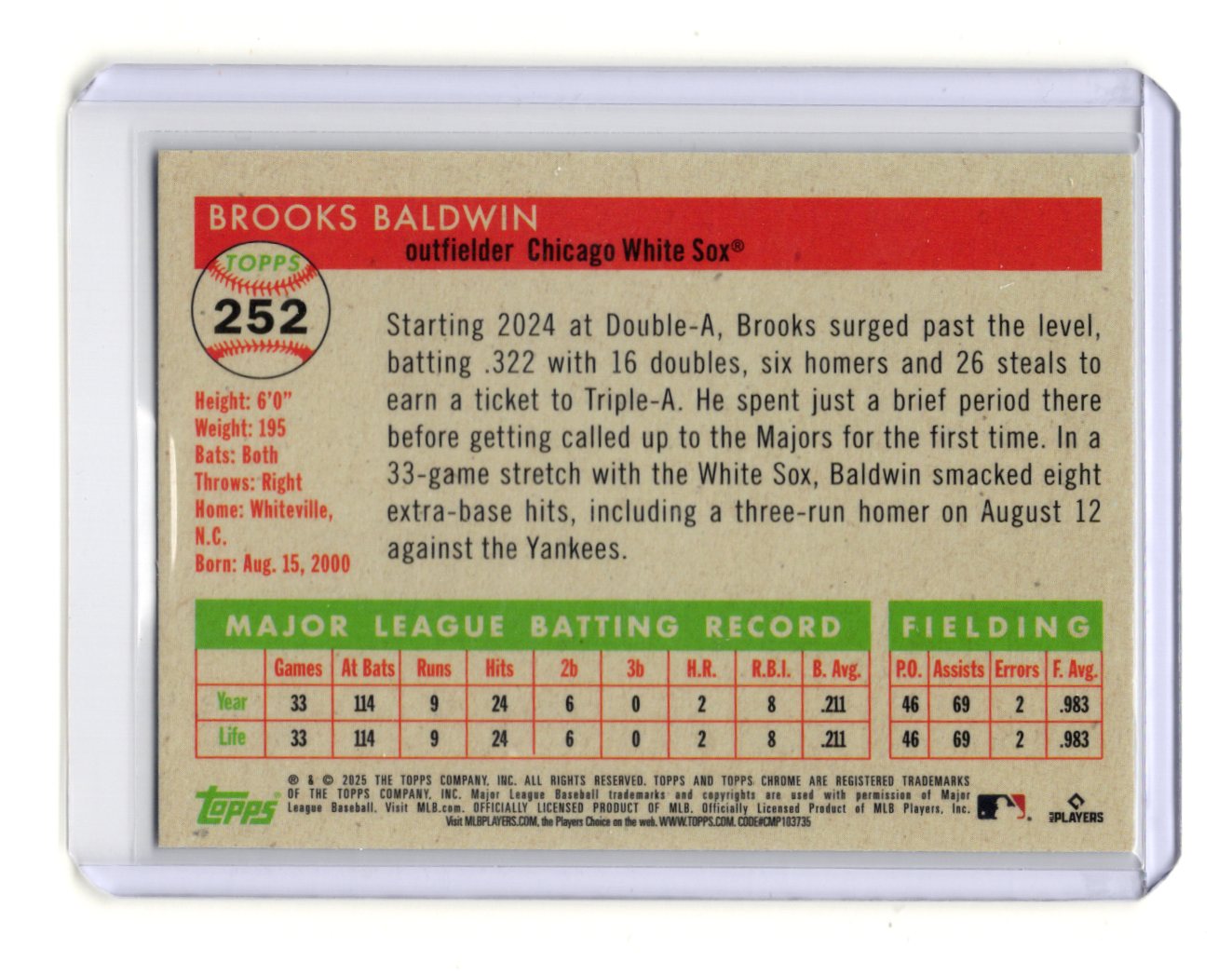 2025 Topps Chrome Platinum Anniversary Brooks Baldwin Rookie RC #252 White Sox