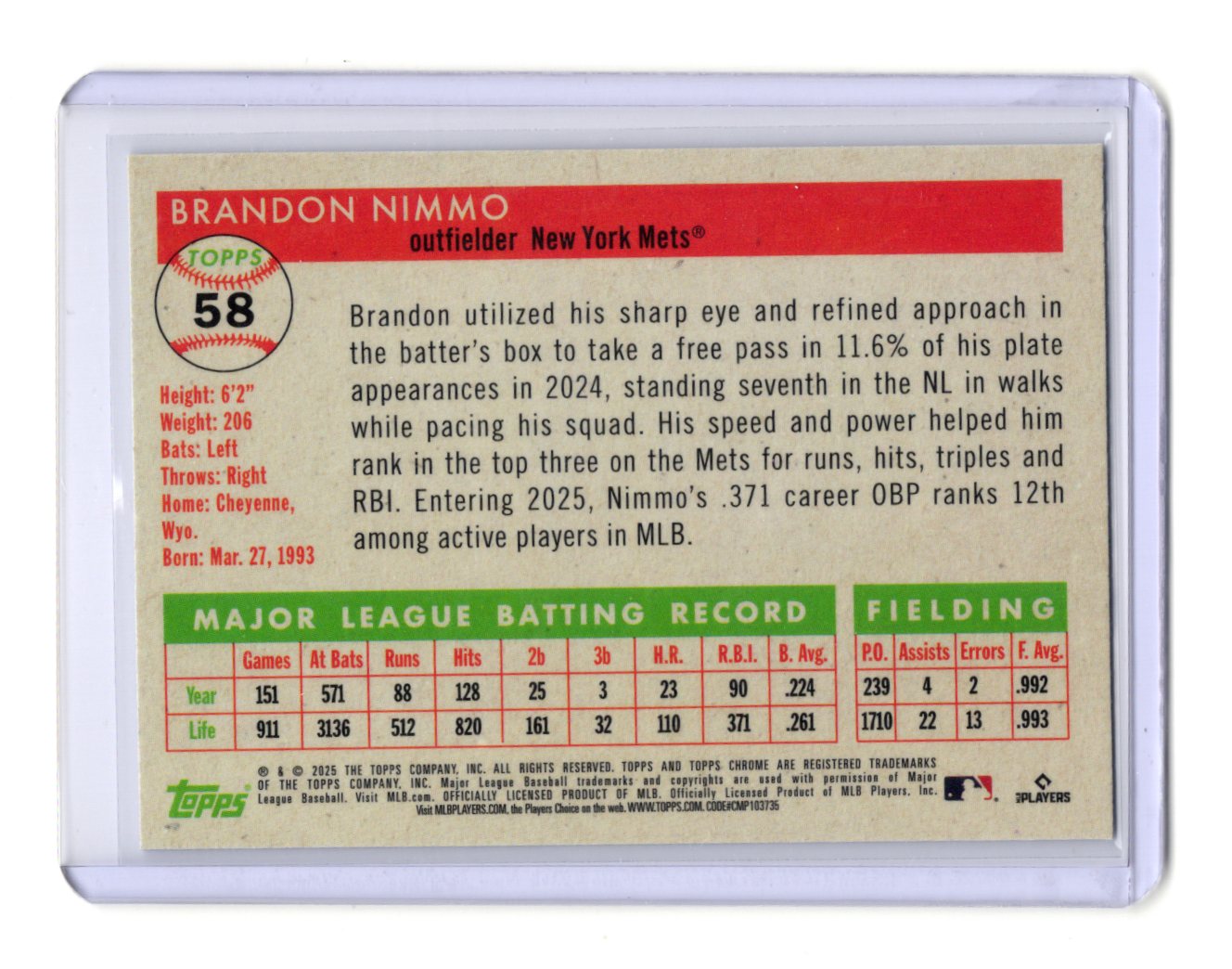 2025 Topps Chrome Platinum Brandon Nimmo Card New York Mets #58