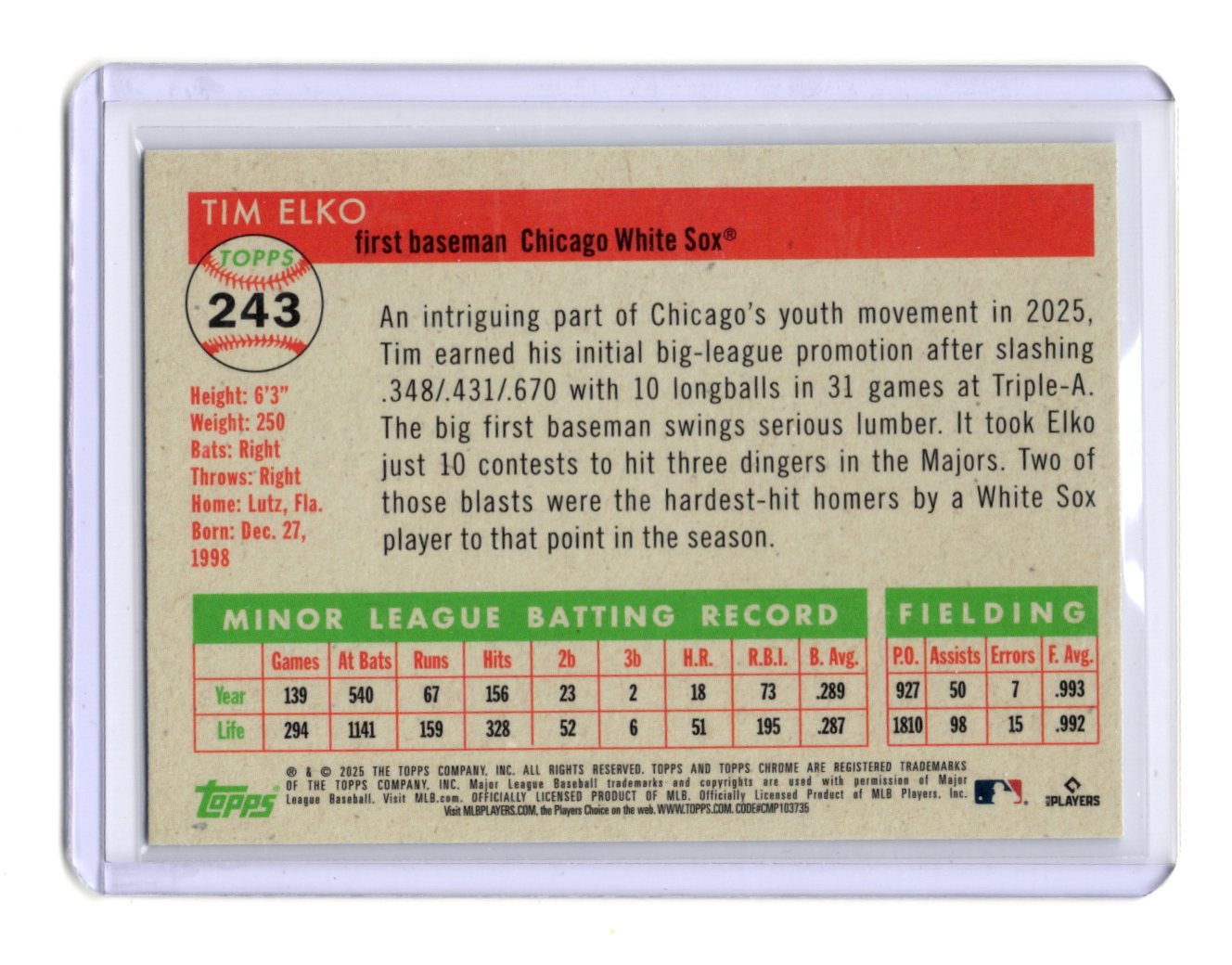 2025 Topps Chrome Platinum Tim Elko Card RC Chicago White Sox #243