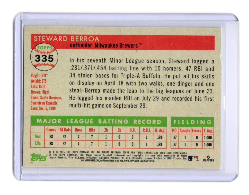 2025 Topps Chrome Platinum Steward Berroa Card RC Milwaukee Brewers #335