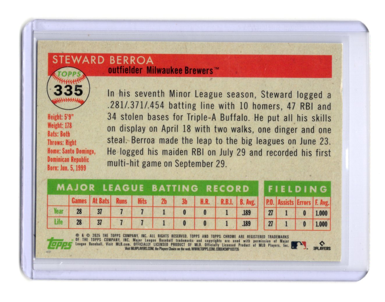 2025 Topps Chrome Platinum Steward Berroa Card RC Milwaukee Brewers #335