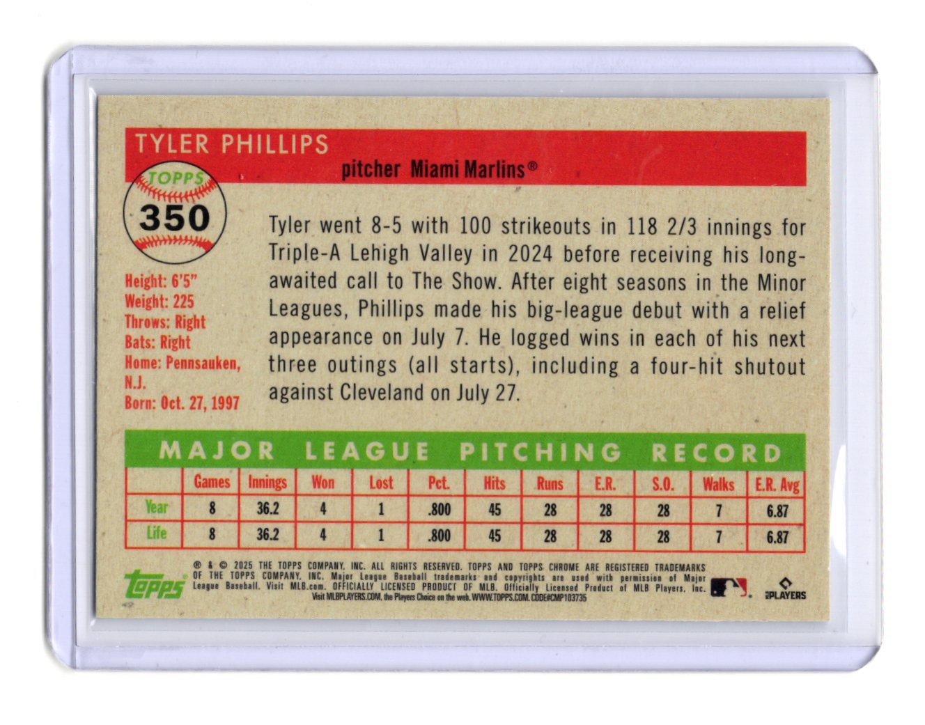2025 Topps Chrome Platinum Tyler Phillips Card RC Miami Marlins #350