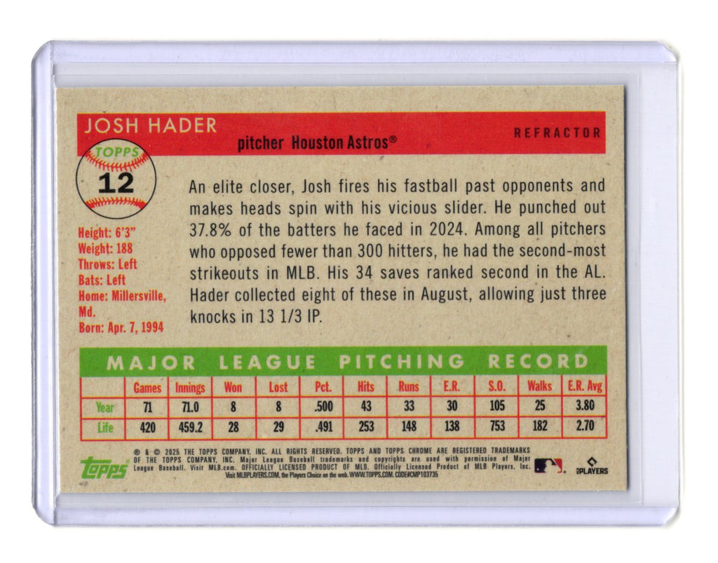 2025 Topps Chrome Platinum Josh Hader Card Refractors Houston Astros #12