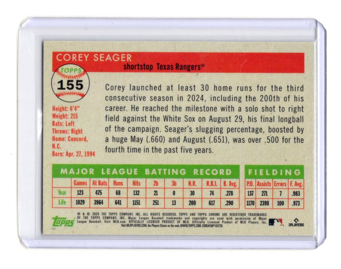 2025 Topps Chrome Platinum Corey Seager Card Vibrations Refractors  Rangers /250