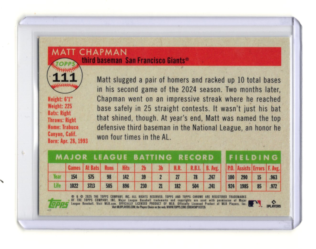 2025 Topps Chrome Platinum Matt Chapman Card Blue Prism Refractors  Giants #111