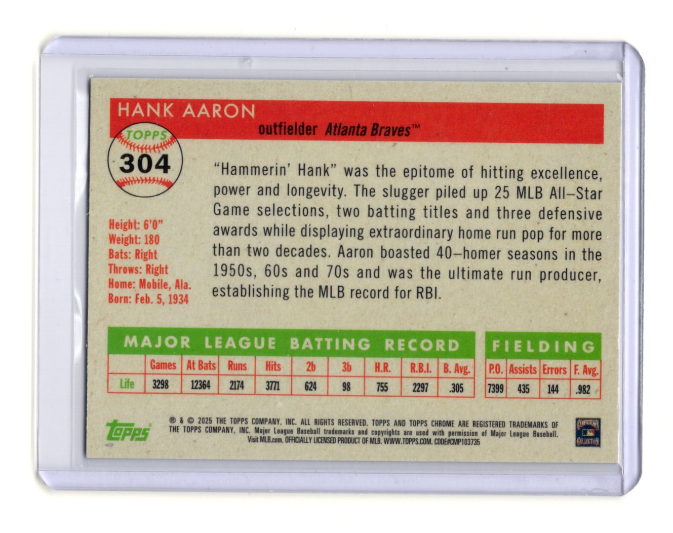 2025 Topps Chrome Platinum Hank Aaron Card Blue Prism Refractors Atlanta