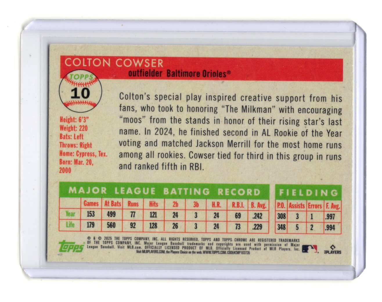 2025 Topps Chrome Platinum Colton Cowser Card Blue Prism Refractors Orioles #10