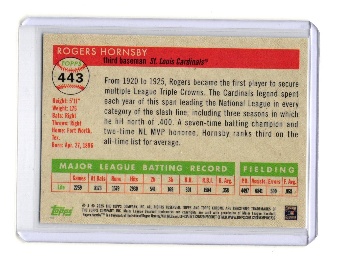 2025 Topps Chrome Platinum Rogers Hornsby Card St. Louis Cardinals #443