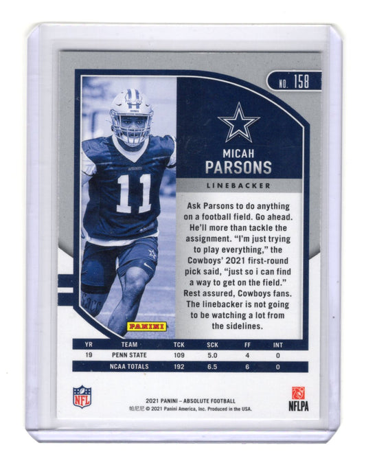 2021 Panini Absolute Micah Parsons Card Rookie Cowboys #158
