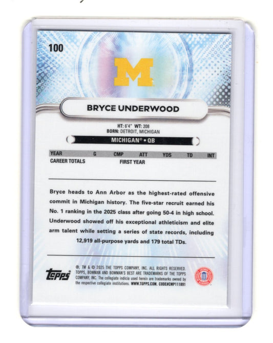 2025 Bowman University Best Bryce Underwood Card Wolverines #100