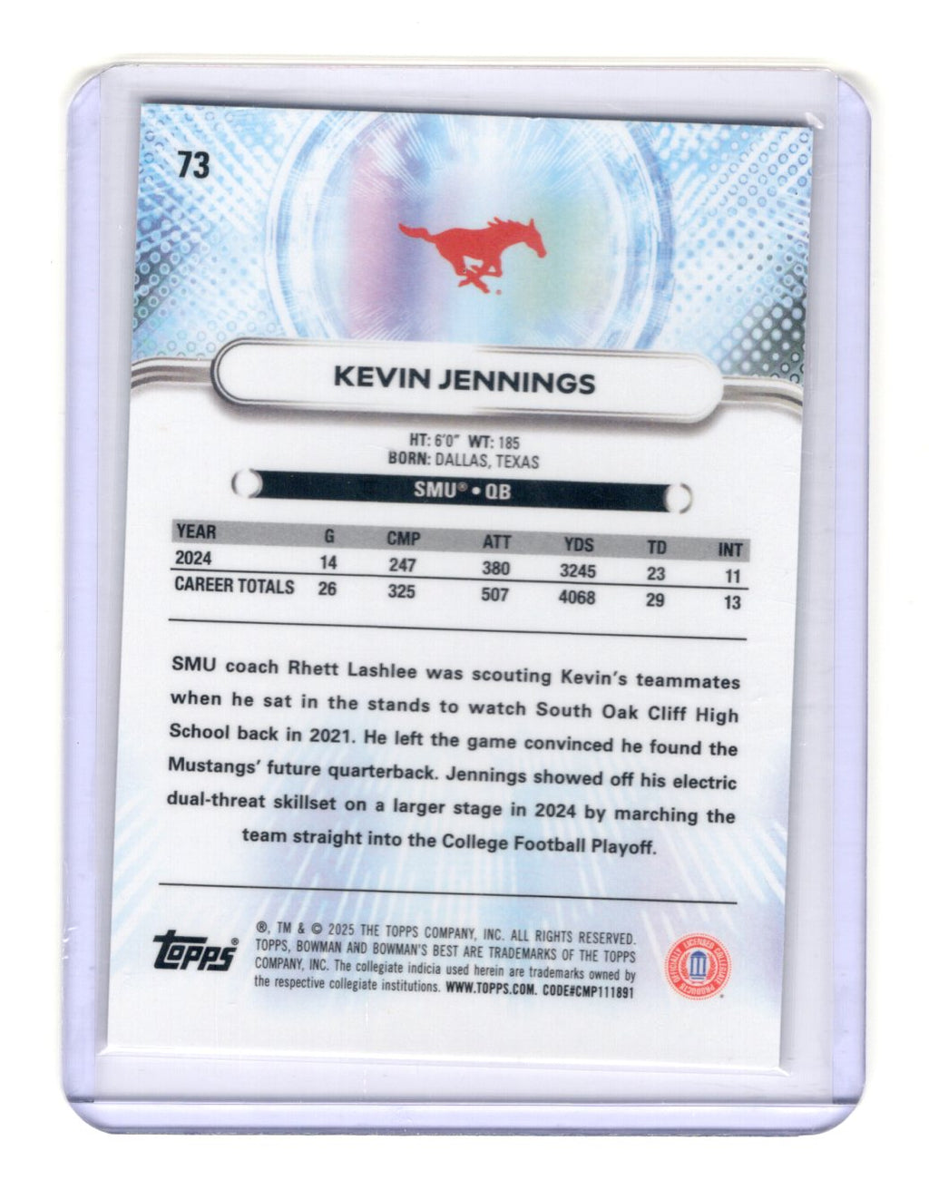 2025 Bowman University Best Kevin Jennings Card Green Mini-Diamond SN SMU