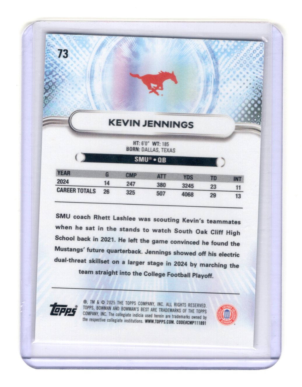 2025 Bowman University Best Kevin Jennings Card Green Mini-Diamond SN SMU