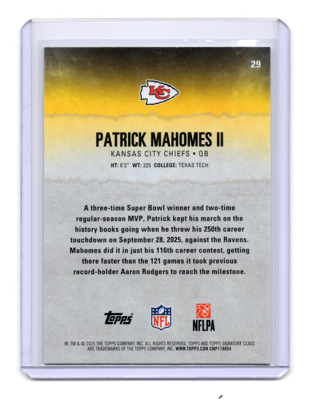 2025 Topps Signature Class Patrick Mahomes II Card Kansas City Chiefs #29