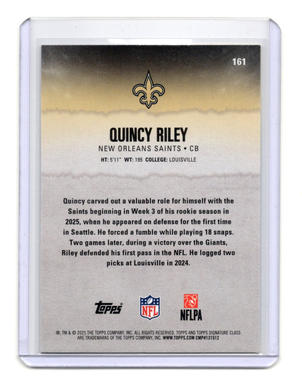 2025 Topps Signature Class Quincy Riley Card Blue & Yellow RC Saints #161