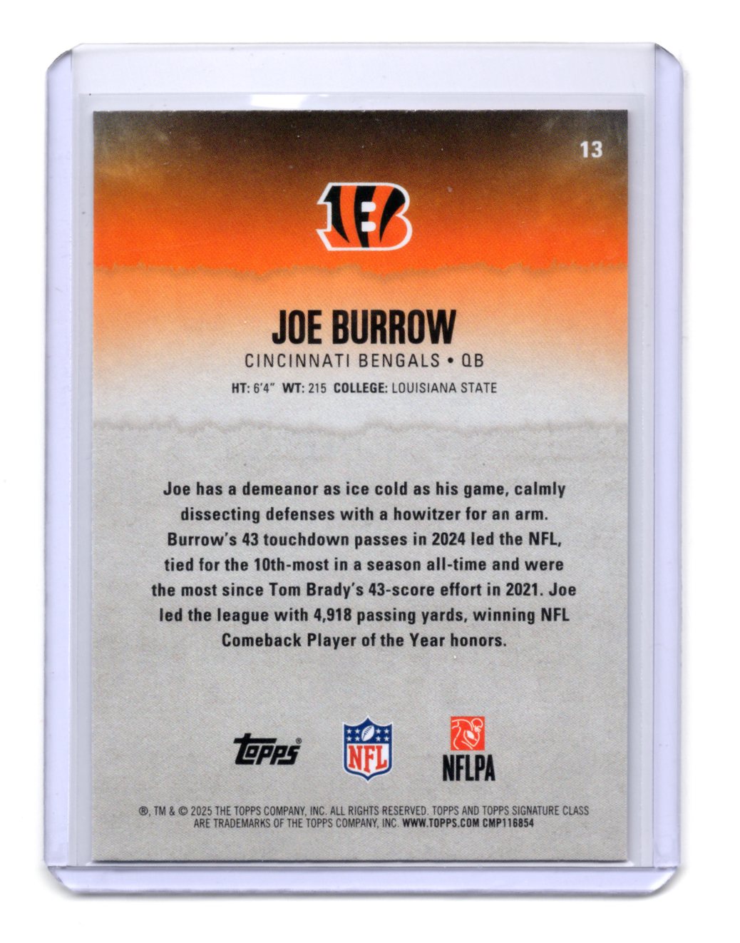 2025 Topps Signature Class Joe Burrow Card Red & Black Cincinnati Bengals #13
