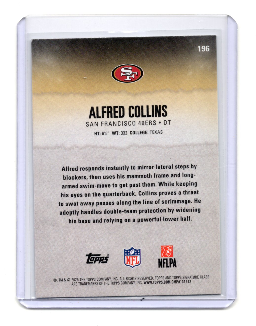 2025 Topps Signature Class Alfred Collins Card Lime Green SN,RC  49ers #/175