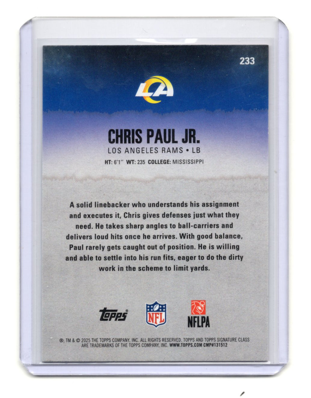 2025 Topps Signature Class Chris Paul Jr. Card Red & Black RC  Rams #233
