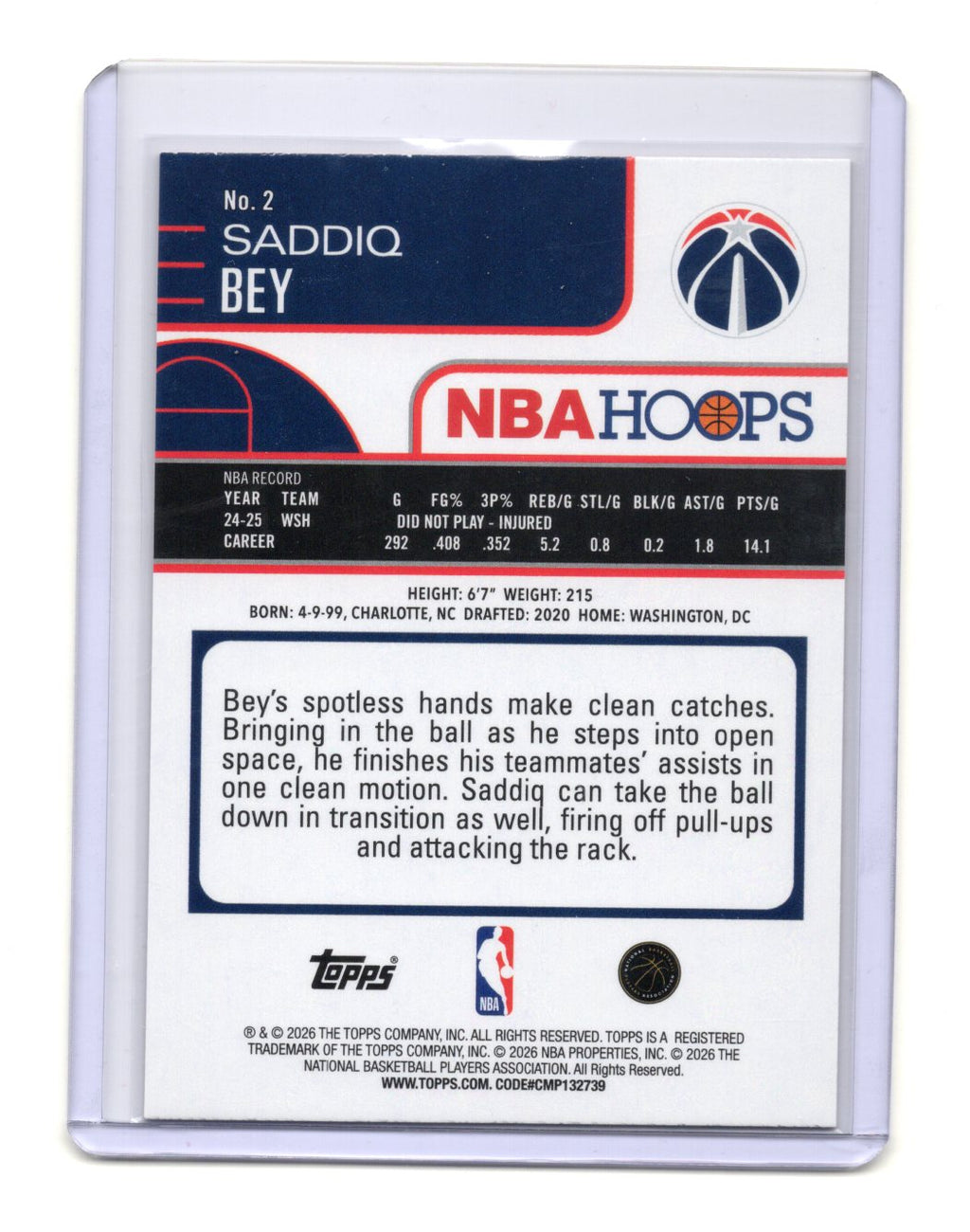 2025-26 Hoops Saddiq Bey Card Orange Hoops Washington Wizards #2