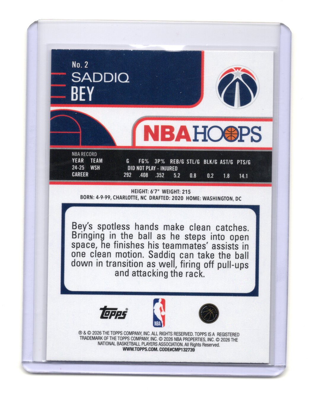 2025-26 Hoops Saddiq Bey Card Orange Hoops Washington Wizards #2