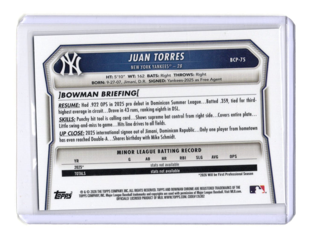 2026 Bowman Juan Torres Card Chrome Prospects Reptilian Refractor  Yankees