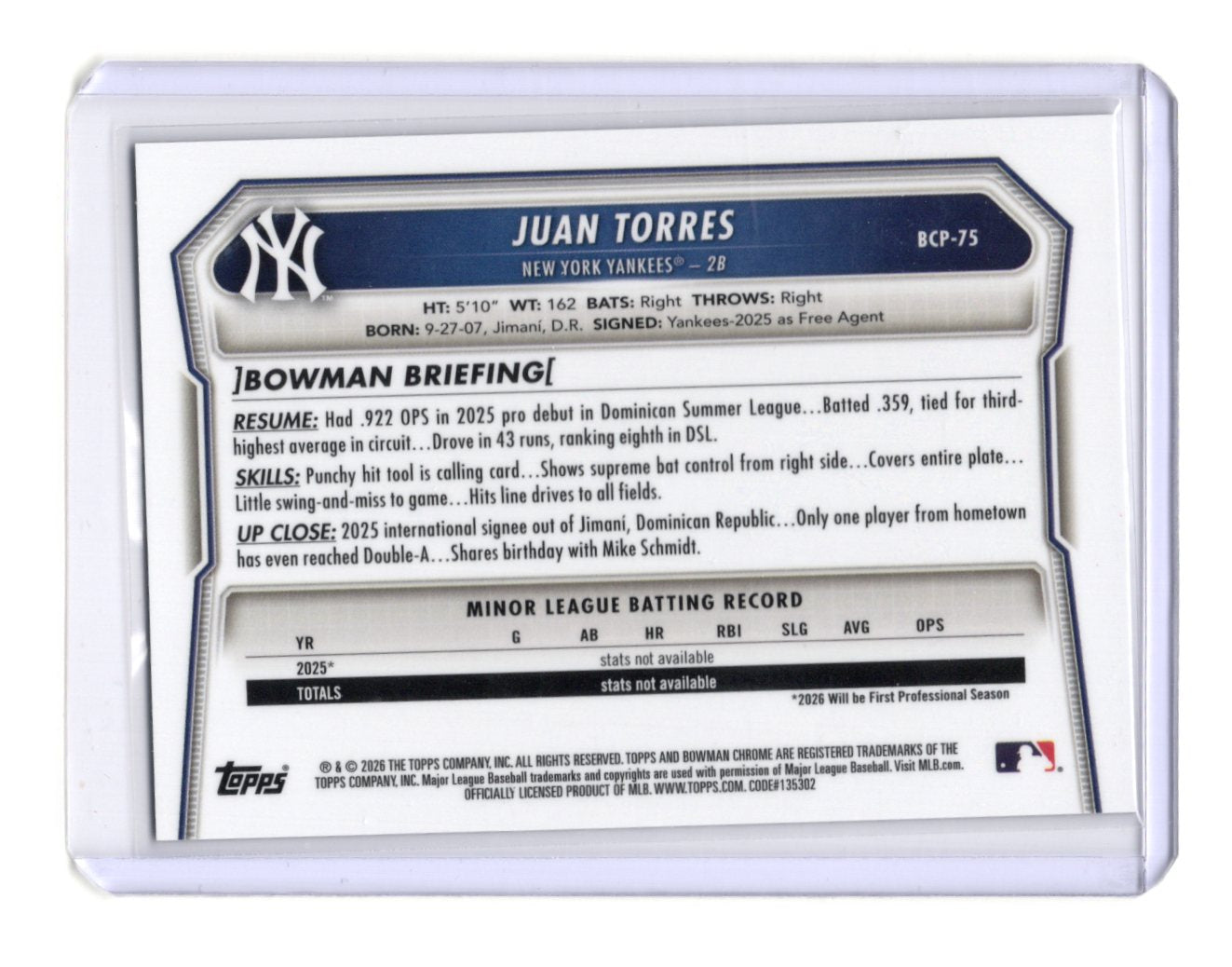 2026 Bowman Juan Torres Card Chrome Prospects Reptilian Refractor  Yankees