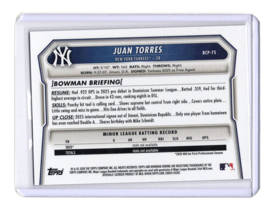 2026 Bowman Juan Torres Card Chrome Prospects Reptilian Refractor  Yankees