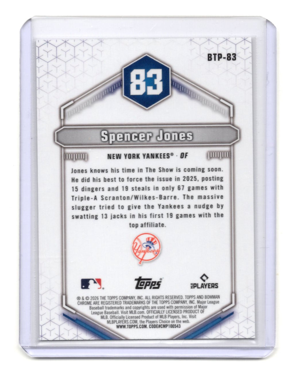 2026 Bowman Spencer Jones Card Bowman Scouts' Top 100 New York Yankees #BTP-83