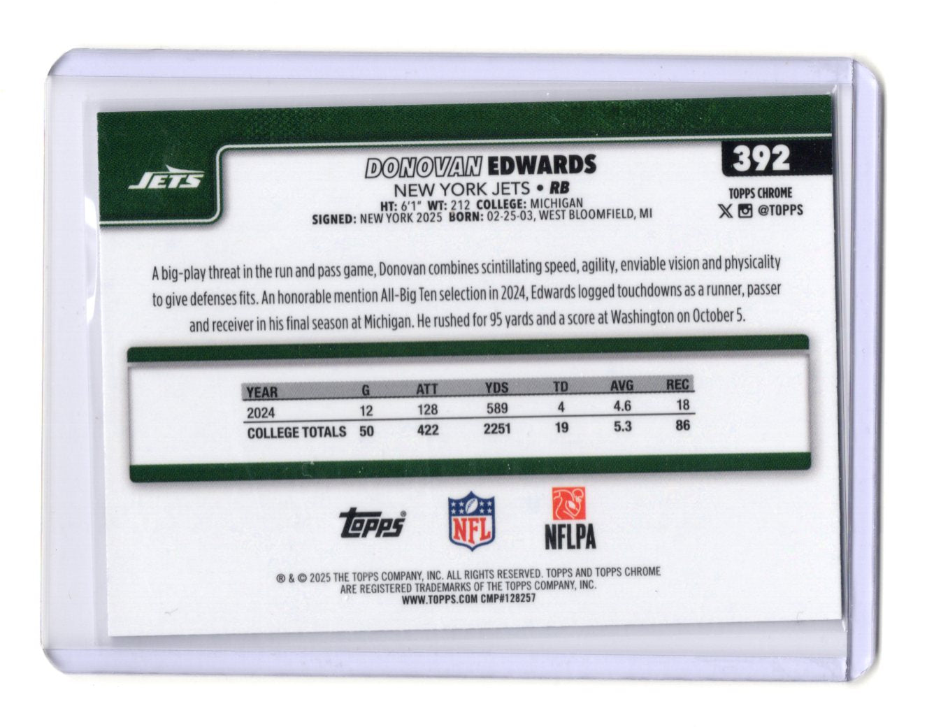 2025 Topps Chrome Donovan Edwards Card Pulsar Refractor RC  Jets #392