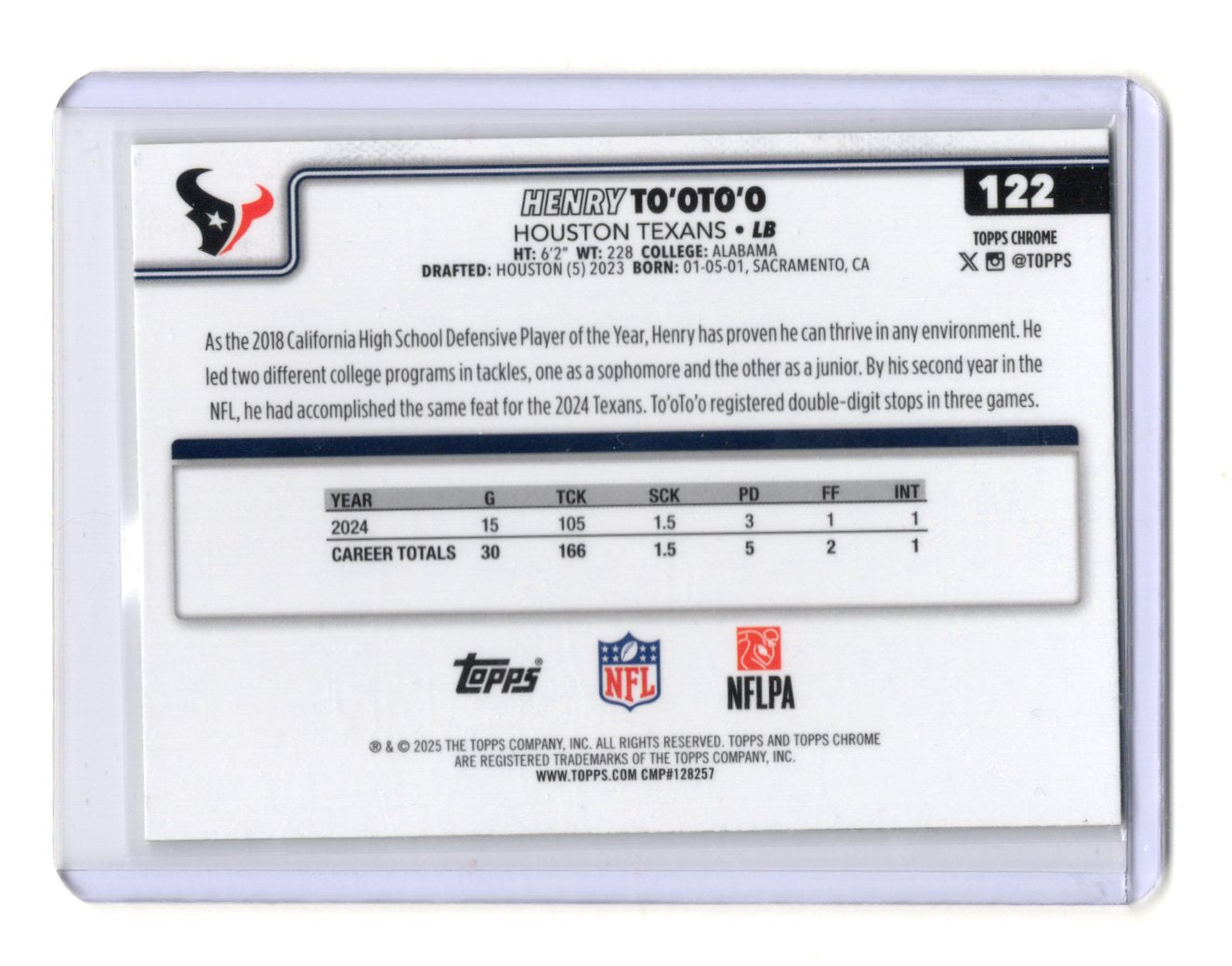 2025 Topps Chrome Henry To'oTo'o Card Lime Green X-Fractor Texans