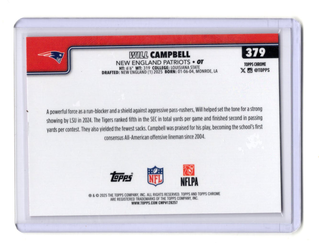 2025 Topps Chrome Will Campbell Card Pink X-Fractor RC Patriots #379