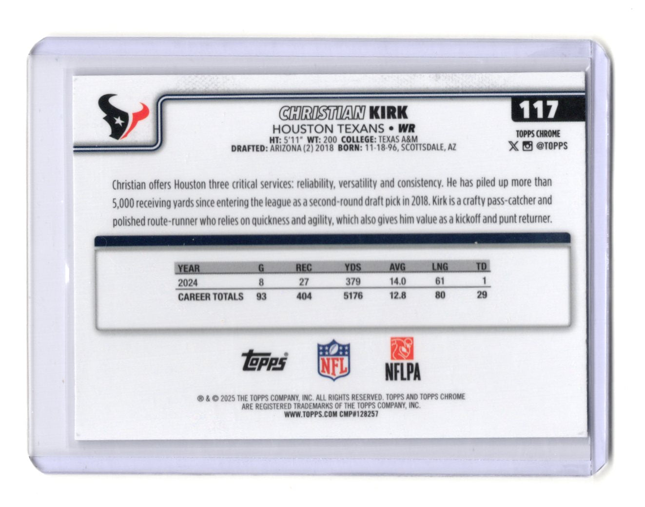 2025 Topps Chrome Christian Kirk Card X-Fractor Houston Texans #117