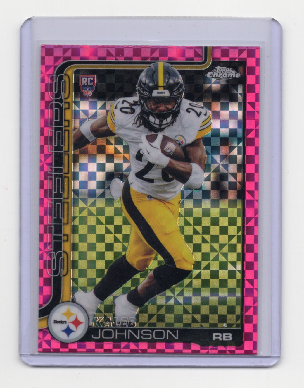 2025 Topps Chrome Kaleb Johnson Card Pink X-Fractor RC Pittsburgh Steelers #323