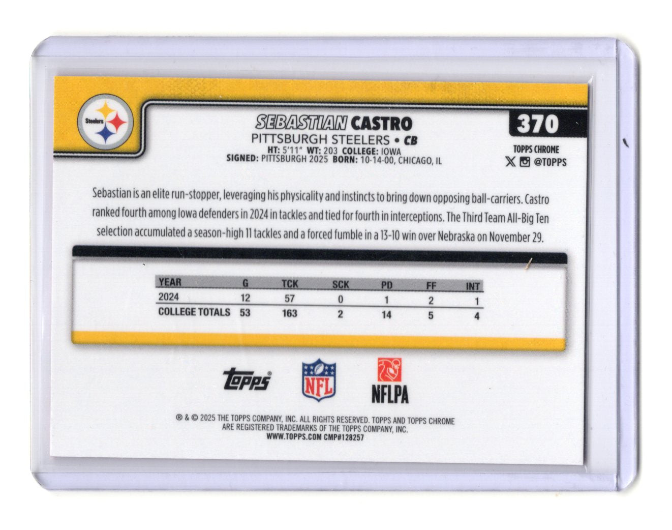 2025 Topps Chrome Sebastian Castro Card Pink X-Fractor RC  Steelers