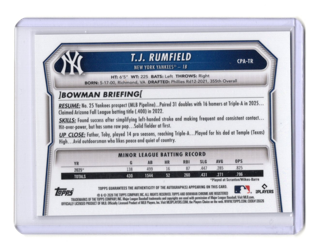 2026 Bowman Chrome T.J. Rumfield 1st Bowman Auto Prospect #CPA-TR Yankees