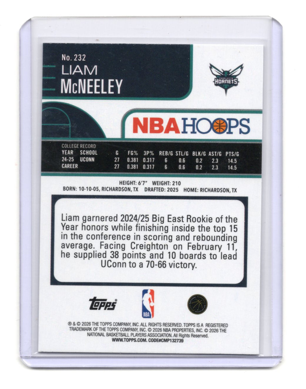 2025-26 Topps NBA Hoops Liam McNeeley RC #232 X-Fractor Parallel