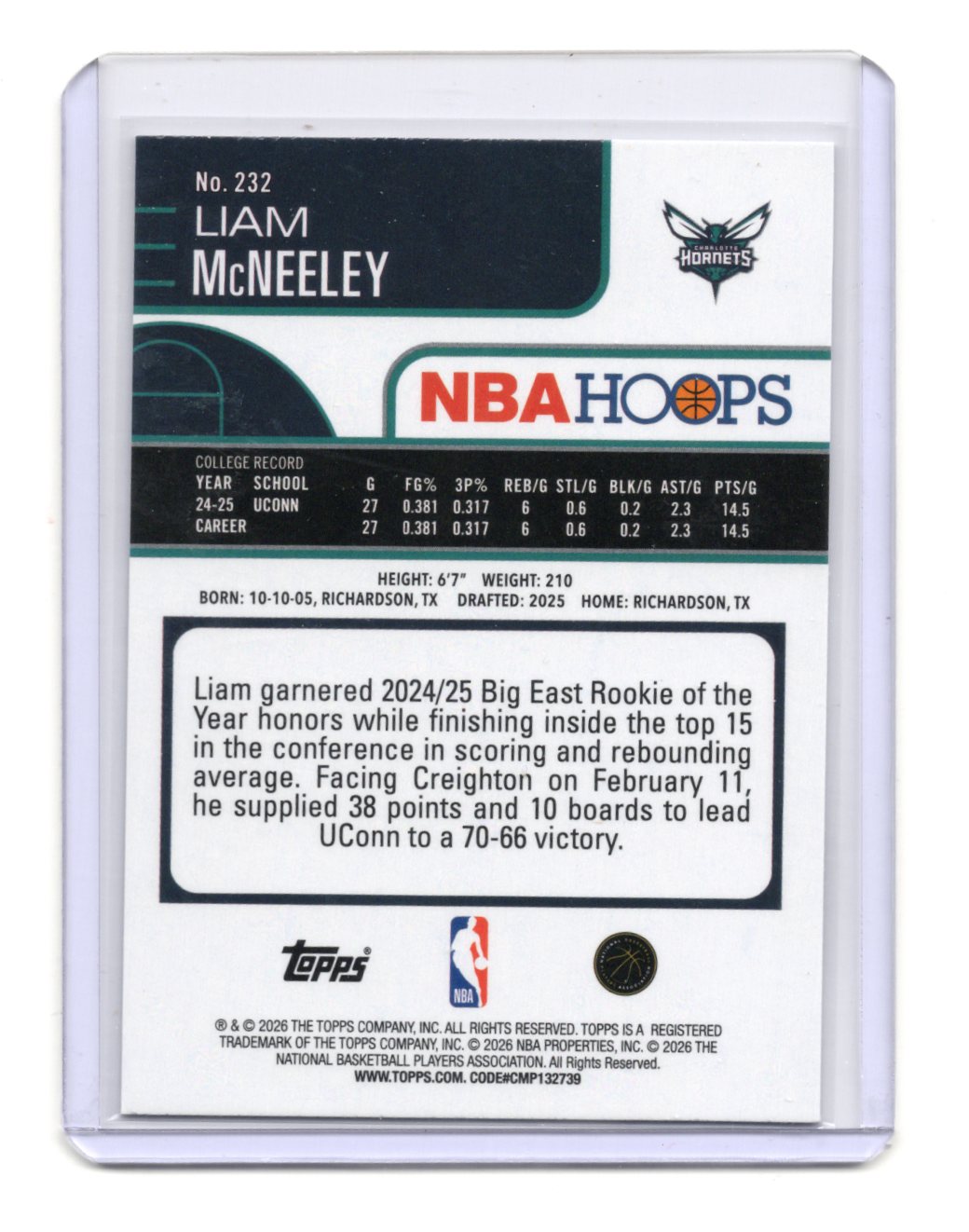 2025-26 Topps NBA Hoops Liam McNeeley RC #232 X-Fractor Parallel
