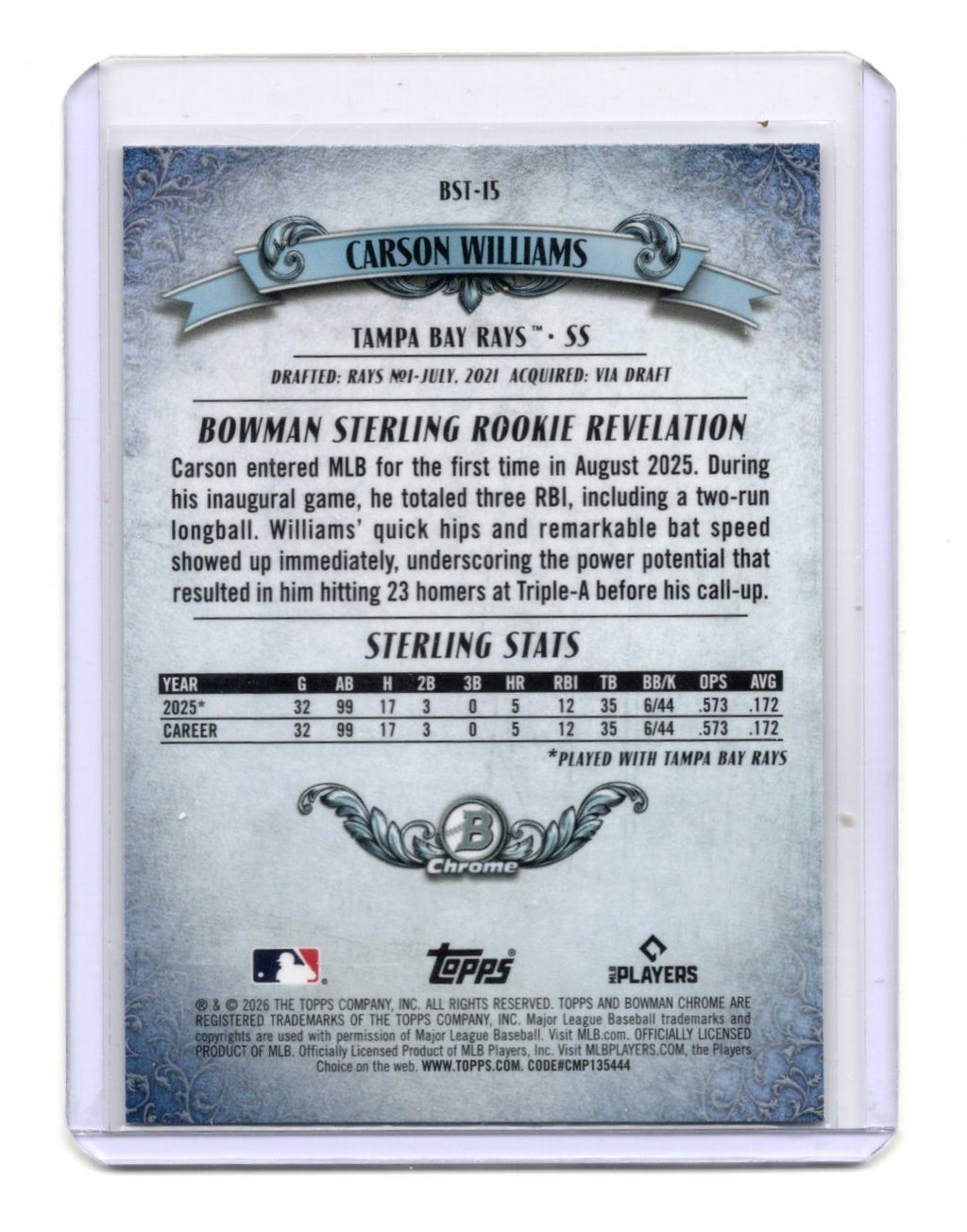 2026 Bowman Carson Williams Card Bowman Sterling Tampa Bay Rays #BST-15