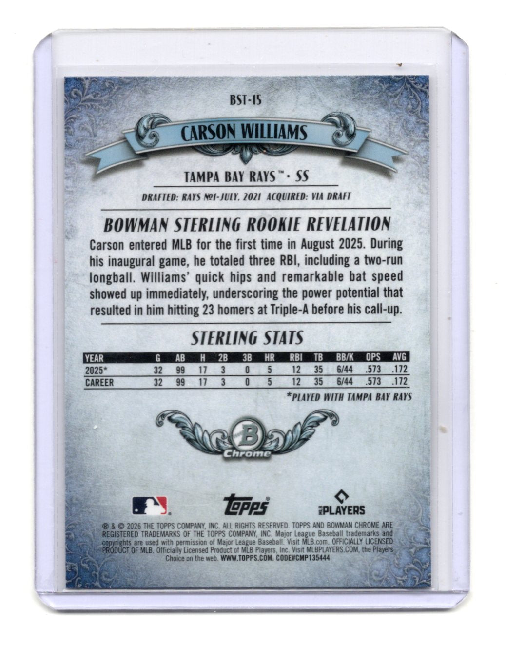 2026 Bowman Carson Williams Card Bowman Sterling Tampa Bay Rays #BST-15
