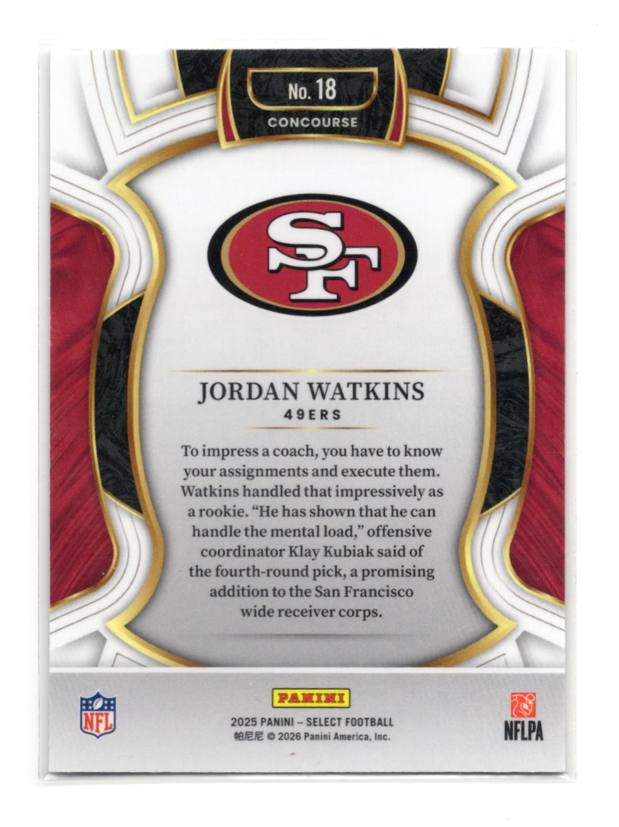 2025 Panini Select Jordan Watkins Card RC San Francisco 49ers #18