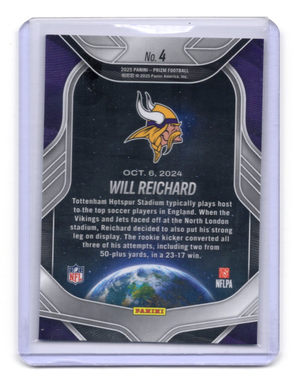 2025 Panini Prizm Will Reichard Global Reach #4 Minnesota Vikings RC