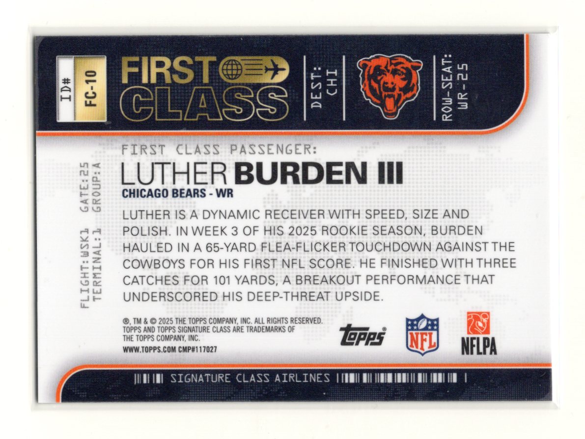 2025 Topps Signature Class Luther Burden III Card First Class  Bears #FC-10