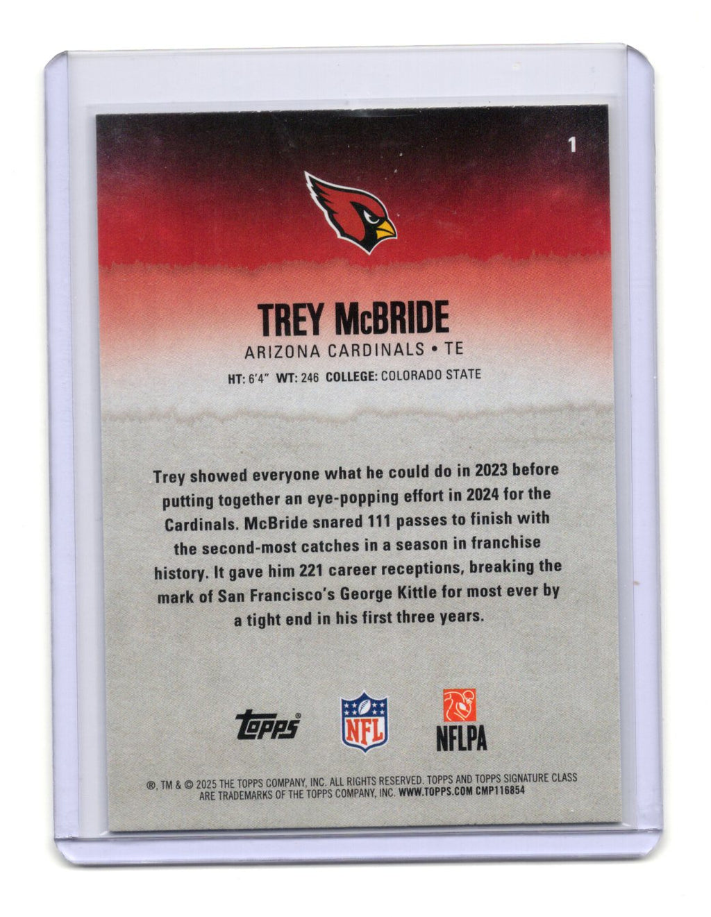 2025 Topps Signature Class Trey McBride Card Blue & Yellow Arizona Cardinals #1