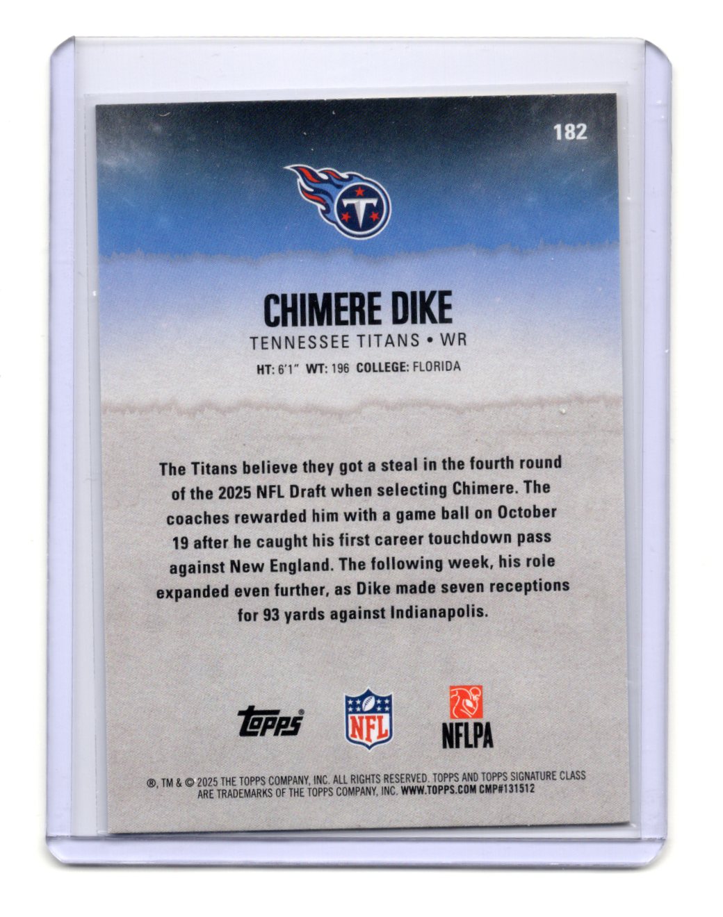 2025 Topps Signature Class Chimere Dike Card Blue & Yellow RC  Titans #182