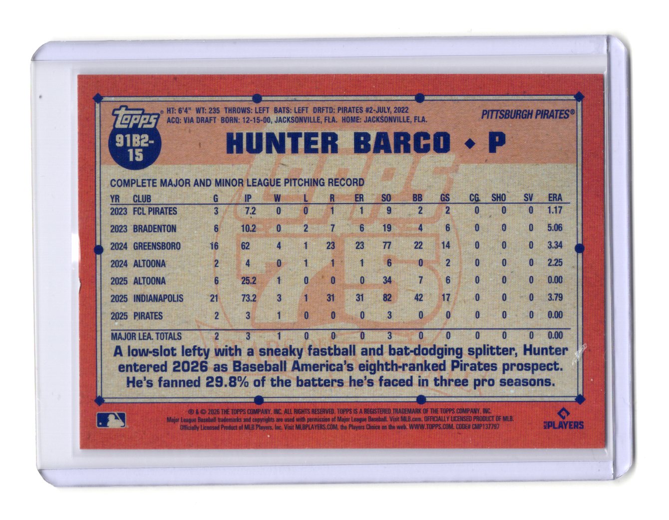 2026 Topps Series 2 Hunter Barco #91B2-15 1991 Topps Anniversary Pirates RC