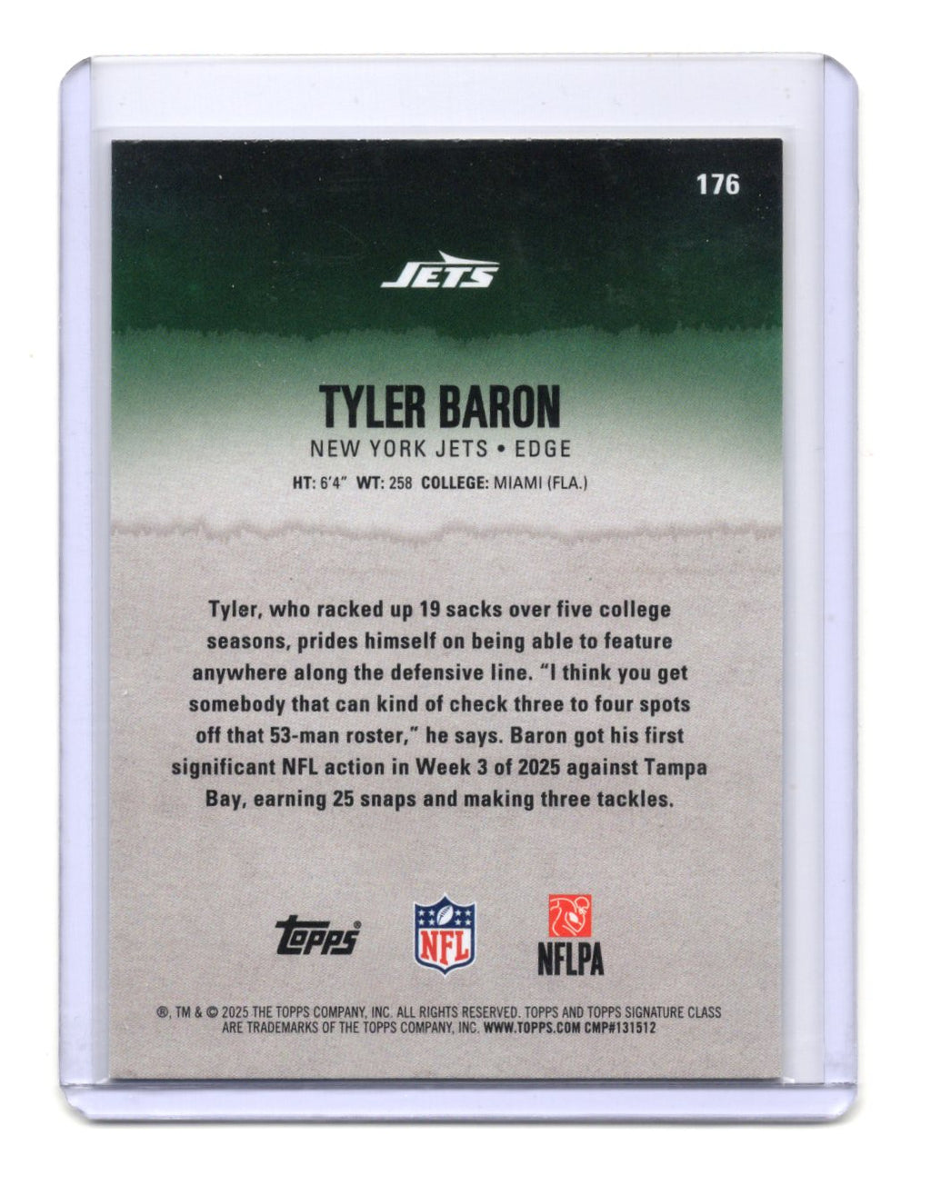 2025 Topps Signature Class Tyler Baron Card Blue & Yellow RC New York Jets #176