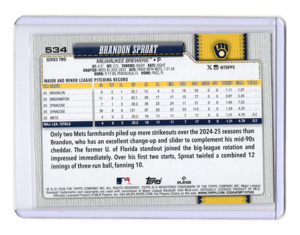 2026 Topps Series 2 Brandon Sproat #534 Orange Sun Holo Foil Brewers RC