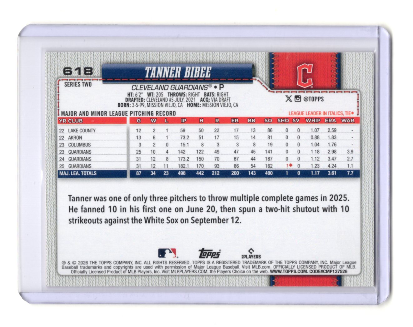 2026 Topps Series 2 Tanner Bibee #618 Orange Sun Parallel Guardians