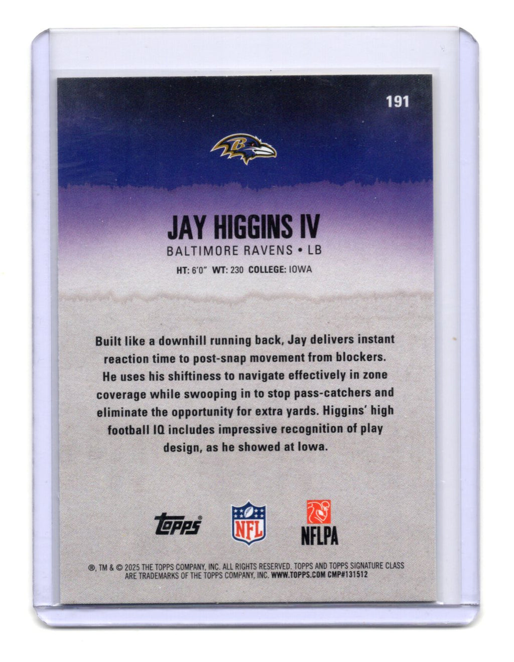 2025 Topps Signature Class Jay Higgins Card Blue & Yellow RC Ravens #191