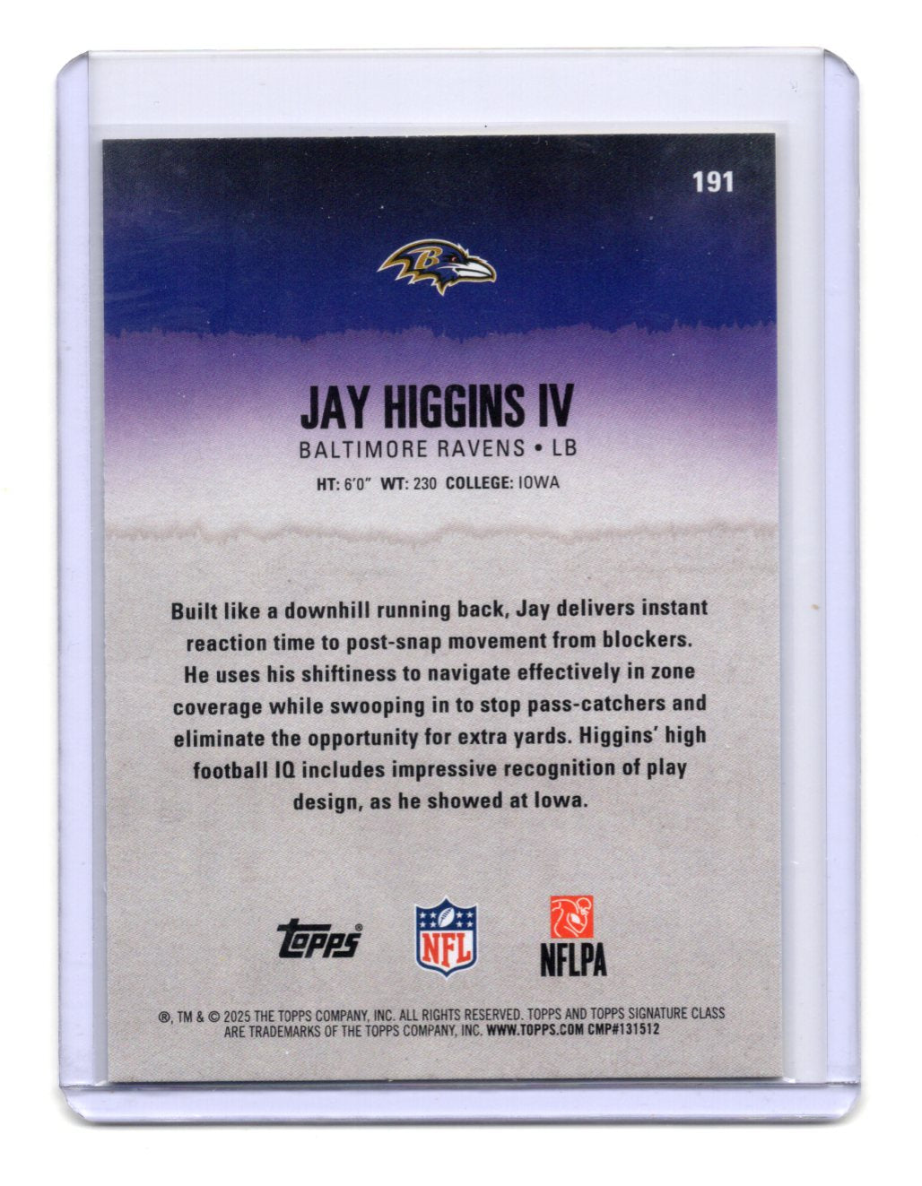 2025 Topps Signature Class Jay Higgins Card Blue & Yellow RC Ravens #191